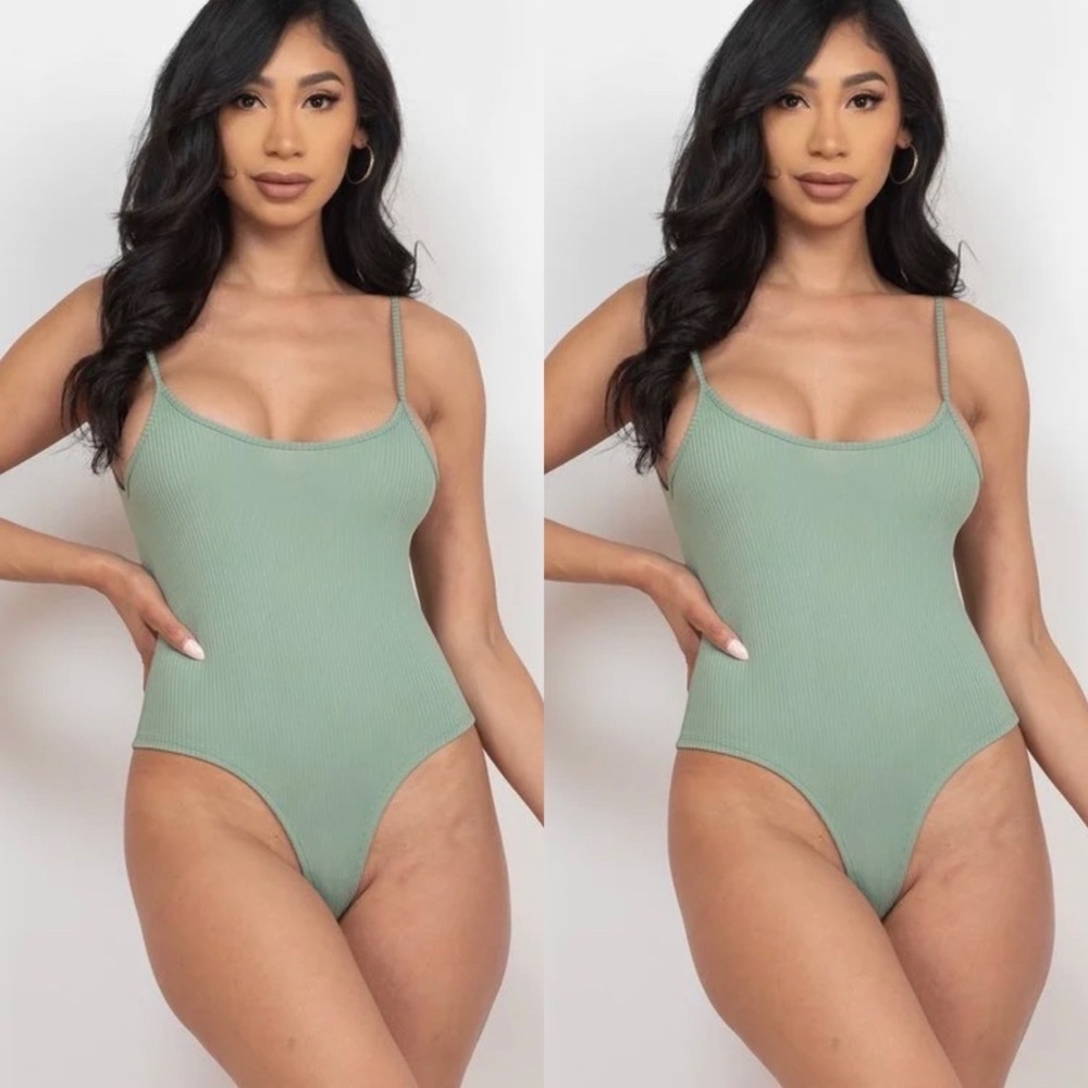 BASIC GREENBAY RIBBED SKINNY STRAP CAMI THONG BODYSUIT
